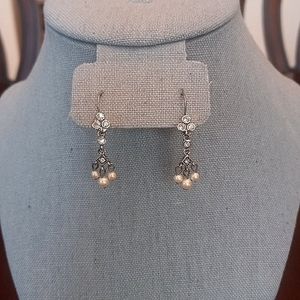 Y2K Vintage Rhinestone & Pearl Dainty Earrings, Silver & White 1.6"